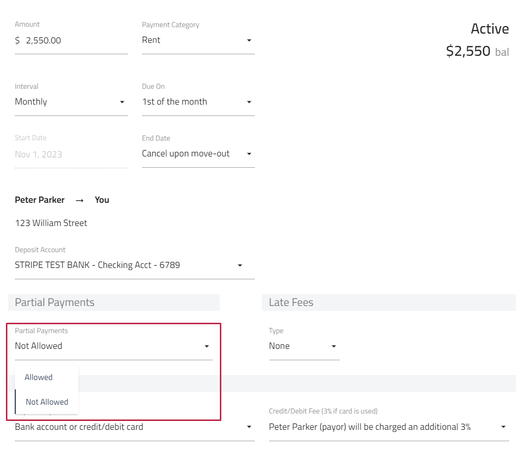 How do I allow partial payments on a recurring payment request
